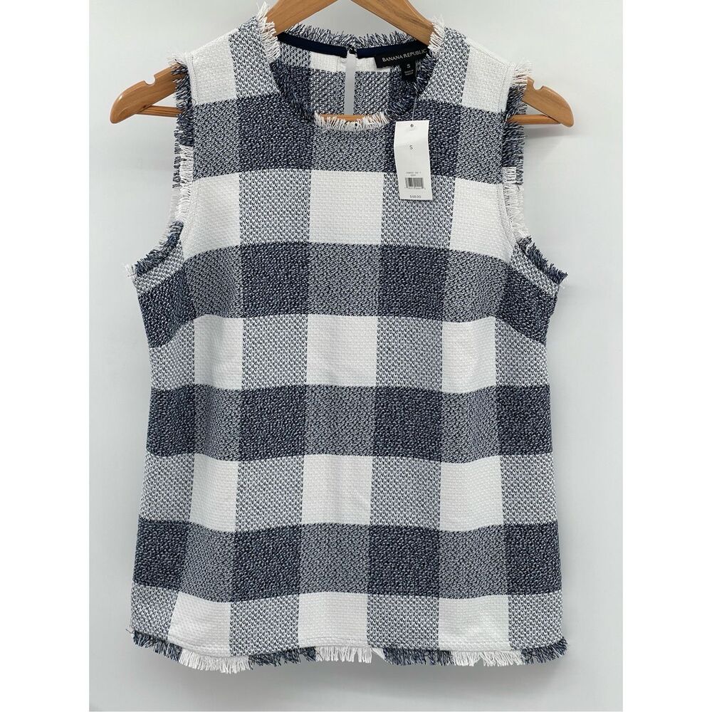 Banana Republic Tank Top Gingham Tweed Women Size Small Navy Blue White New